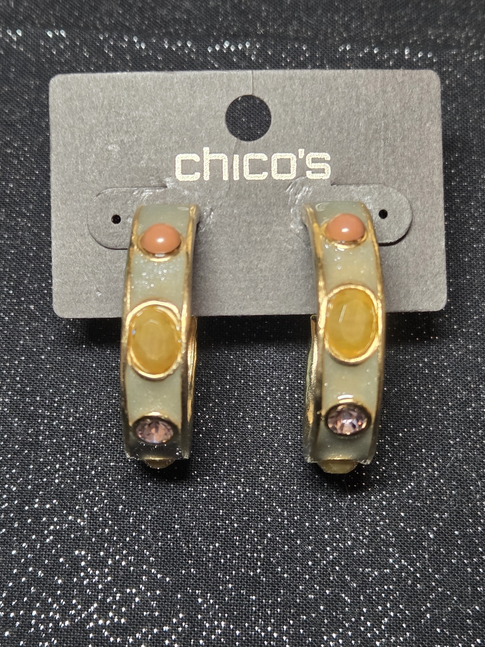 Chico's Gold-Tone Green Enamel Hoop Earrings with Multicolor Stones